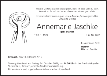 Anzeige von Annemarie Jaschke von MGO