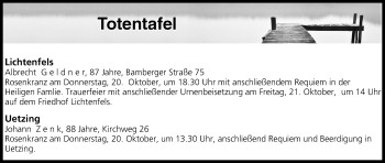 Anzeige von Totentafel vom 19.10.2016 von MGO