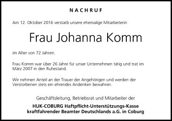 Anzeige von Johanna Komm von MGO