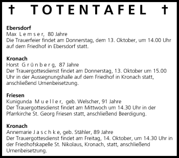 Anzeige von Totentafel vom 12.10.2016 von MGO