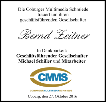 Anzeige von Bernd Zeitner von MGO