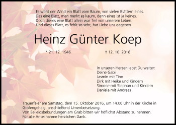 Anzeige von Heinz Günter Koep von MGO