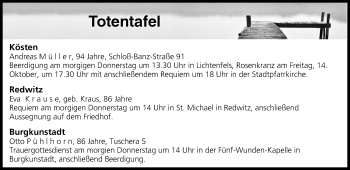 Anzeige von Totentafel vom 12.10.2016 von MGO