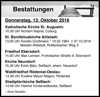 Anzeige von Bestattungen vom 13.10.2016 von MGO