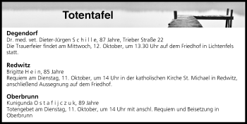 Anzeige von Totentafel vom 08.10.2016 von MGO