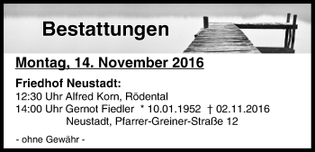 Anzeige von Bestattungen vom 14.11.2016 von MGO