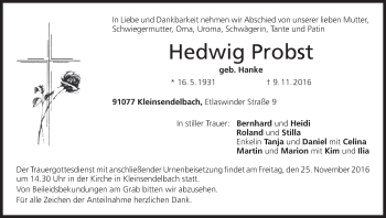 Anzeige von Hedwig Probst von MGO