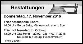 Anzeige von Bestattungen vom 17.11.2016 von MGO