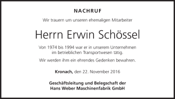 Anzeige von Erwin Schössel von MGO