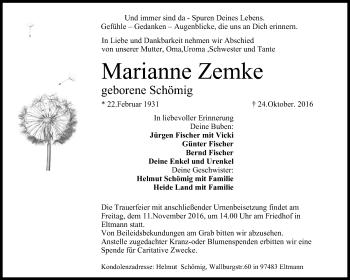 Anzeige von Marianne Zemke von MGO