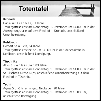 Anzeige von Totentafel vom 30.11.2016 von MGO