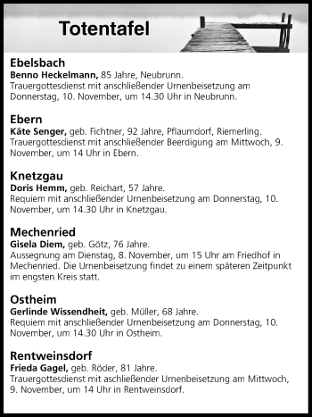 Anzeige von Totentafel vom 08.11.2016 von MGO