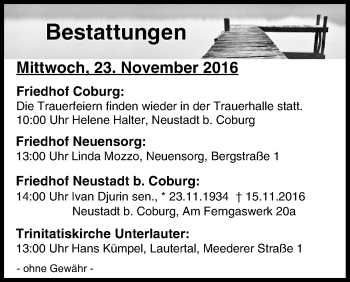 Anzeige von Bestattungen vom 23.11.2016 von MGO