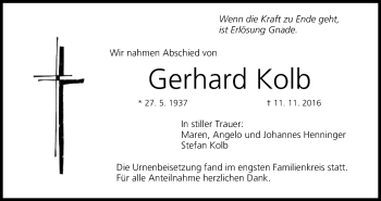 Anzeige von Gerhard Kolb von MGO