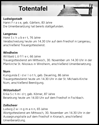 Anzeige von Totentafel vom 29.11.2016 von MGO