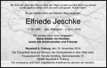 Anzeige von Elfriede Jeschke von MGO