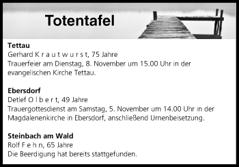 Anzeige von Totentafel vom 05.11.2016 von MGO