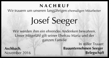 Anzeige von Josef Seeger von MGO