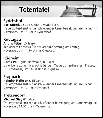 Anzeige von Totentafel vom 10.11.2016 von MGO