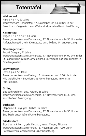 Anzeige von Totentafel vom 16.11.2016 von MGO