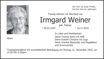 Anzeige von Irmgard Weiner von MGO