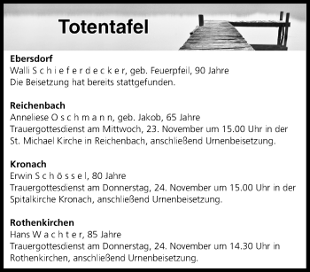 Anzeige von Totentafel vom 22.11.2016 von MGO