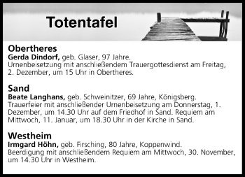 Anzeige von Totentafel vom 30.11.2016 von MGO