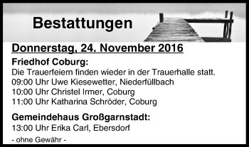 Anzeige von Bestattungen vom 24.11.2016 von MGO