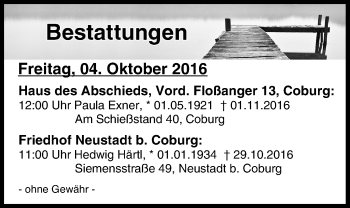 Anzeige von Bestattungen vom 04.11.2016 von MGO