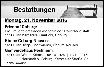 Anzeige von Bestattungen vom 21.11.2016 von MGO
