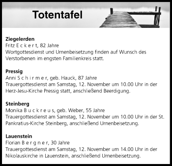 Anzeige von Totentafel vom 11.11.2016 von MGO
