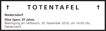 Anzeige von Totentafel vom 25.11.2016 von MGO