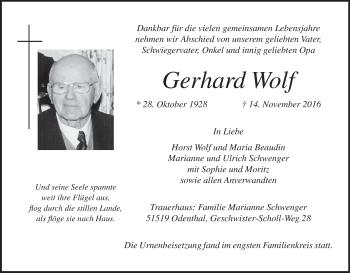Anzeige von Gerhard Wolf von MGO