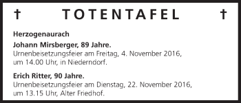 Anzeige von Totentafel vom 01.11.2016 von MGO