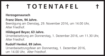 Anzeige von Totentafel vom 26.11.2016 von MGO
