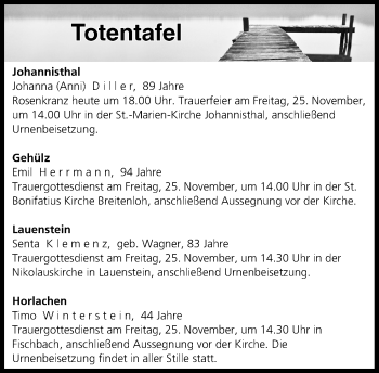 Anzeige von Totentafel vom 24.11.2016 von MGO