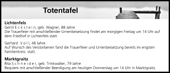 Anzeige von Totentafel vom 03.11.2016 von MGO