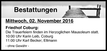 Anzeige von Bestattungen vom 01.11.2016 von MGO