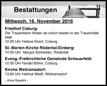 Anzeige von Bestattungen vom 16.11.2016 von MGO