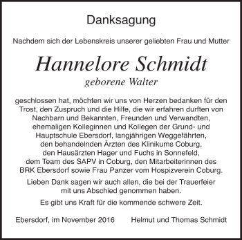 Anzeige von Hannelore Schmidt von MGO