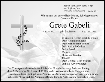 Anzeige von Grete Gabeli von MGO