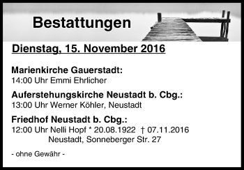 Anzeige von Bestattungen vom 15.11.2016 von MGO