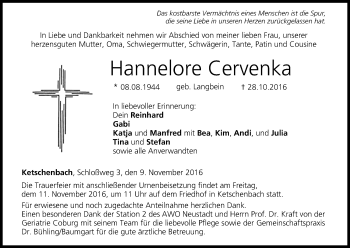 Anzeige von Hannelore Cervenka von MGO