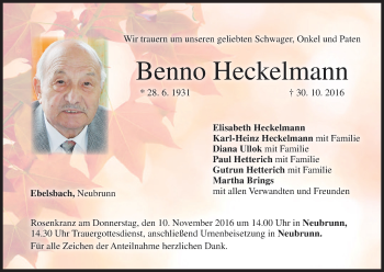 Anzeige von Benno Heckelmann von MGO