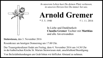 Anzeige von Arnold Gremer von MGO
