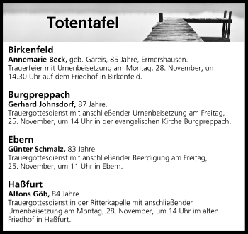 Anzeige von Totentafel vom 25.11.2016 von MGO