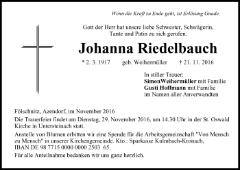 Anzeige von Johanna Riedelbauch von MGO