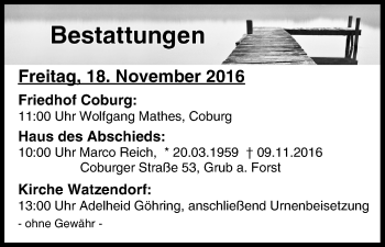 Anzeige von Bestattungen vom 18.11.2016 von MGO