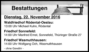 Anzeige von Bestattungen vom 22.11.2016 von MGO