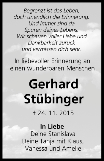 Anzeige von Gerhard Stübinger von MGO